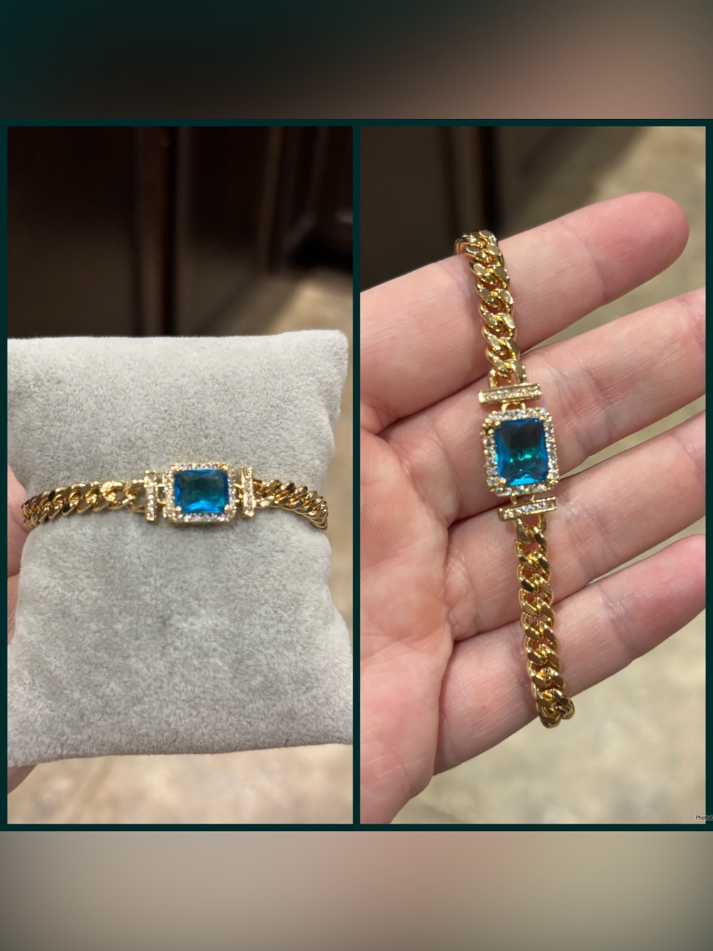 Gold Chain Bracelet with Blue Gemstone Center